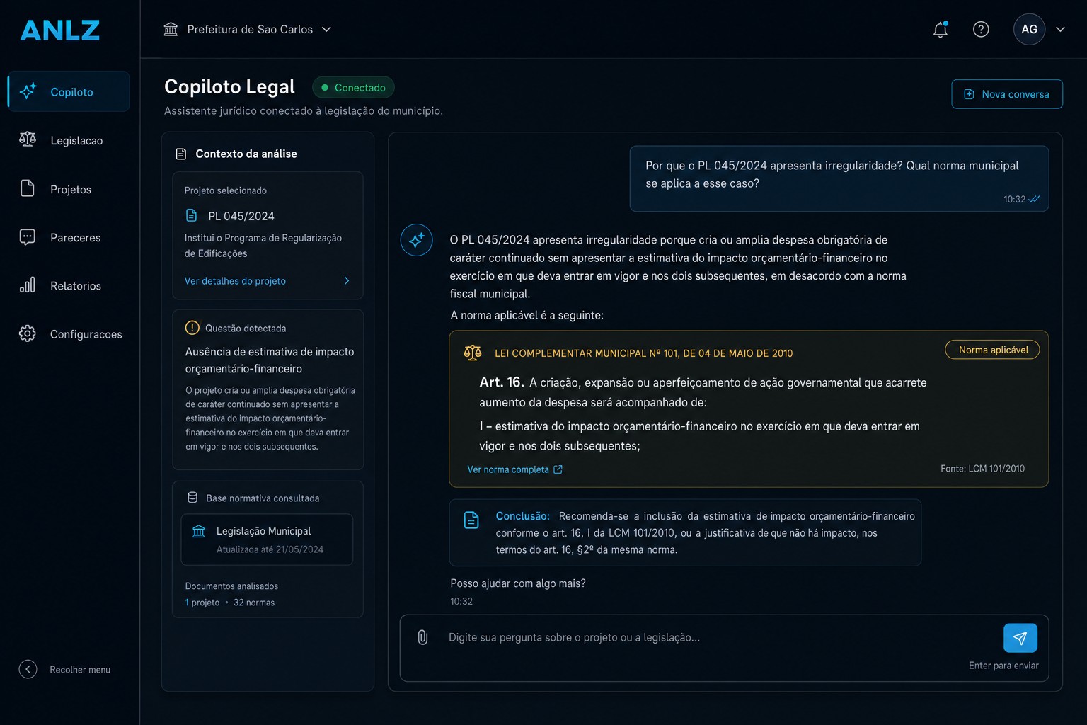 Copiloto legal da ANLZ conectado à legislação municipal